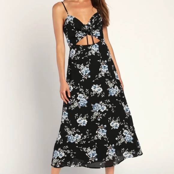 Lulus Sweetest Vision Black Floral Print Cutout Midi Dress - Picture 2 of 7